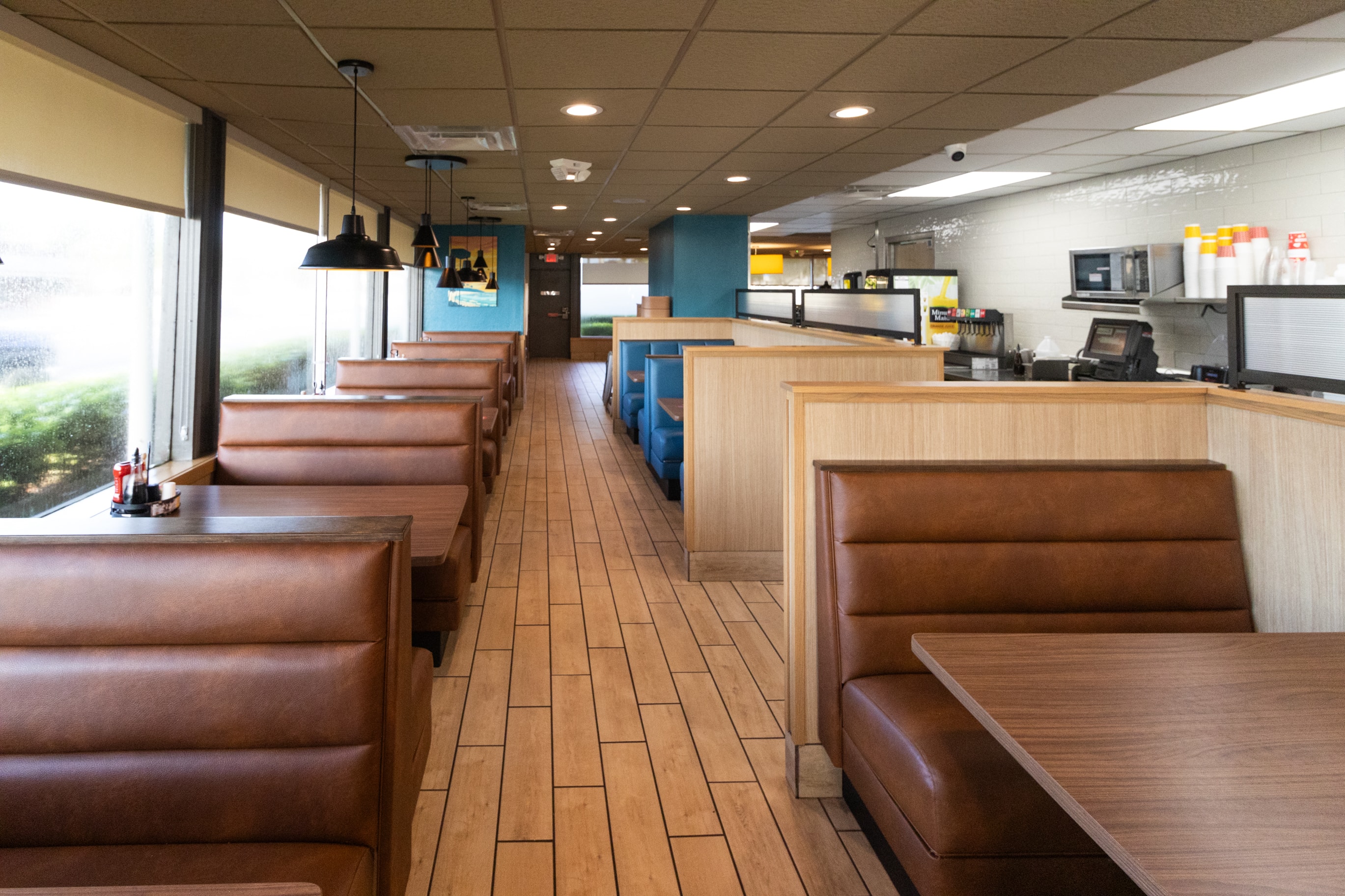 Denny's dining room with drum pendant lights